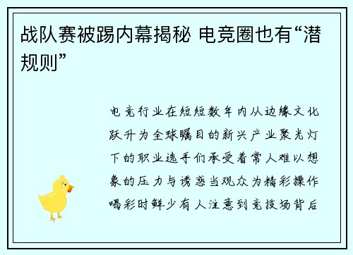 战队赛被踢内幕揭秘 电竞圈也有“潜规则”