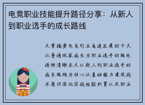 电竞职业技能提升路径分享：从新人到职业选手的成长路线